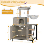 4-in-1 Cat Litter Box Enclosure Cat Tree, Platform, Scratcher, Stairs,Greige with Platform, Scratching Posts, Washable Removable Cushion, Greige