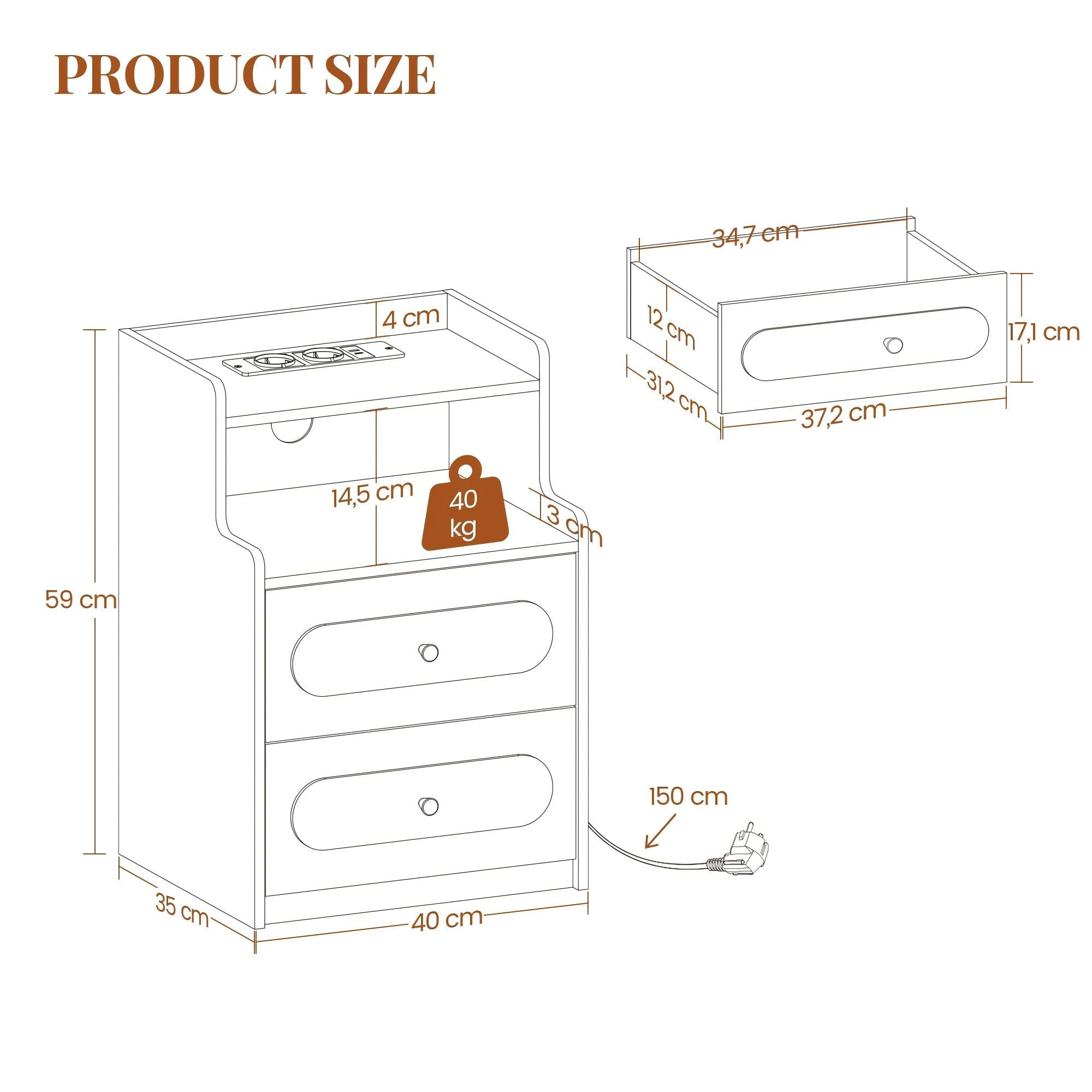 HEXCELEN Nightstand, Side Table with 2 Drawers, Nightstand with Open Compartment, Bedside Table for Bedroom, Wood-Based Nightstand, Sofa Table, for Bedroom Living Room White 421103X