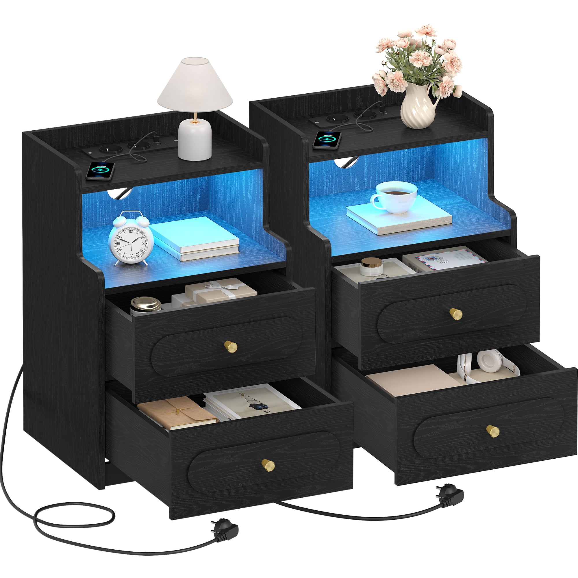 HEXCELEN Nightstand, Set of 2, Side Table with 2 Drawers, Nightstand with Open Compartment, Bedside Table for Bedroom, Wood-Based Nightstand, Sofa Table, for Bedroom Living Room Black 421204X