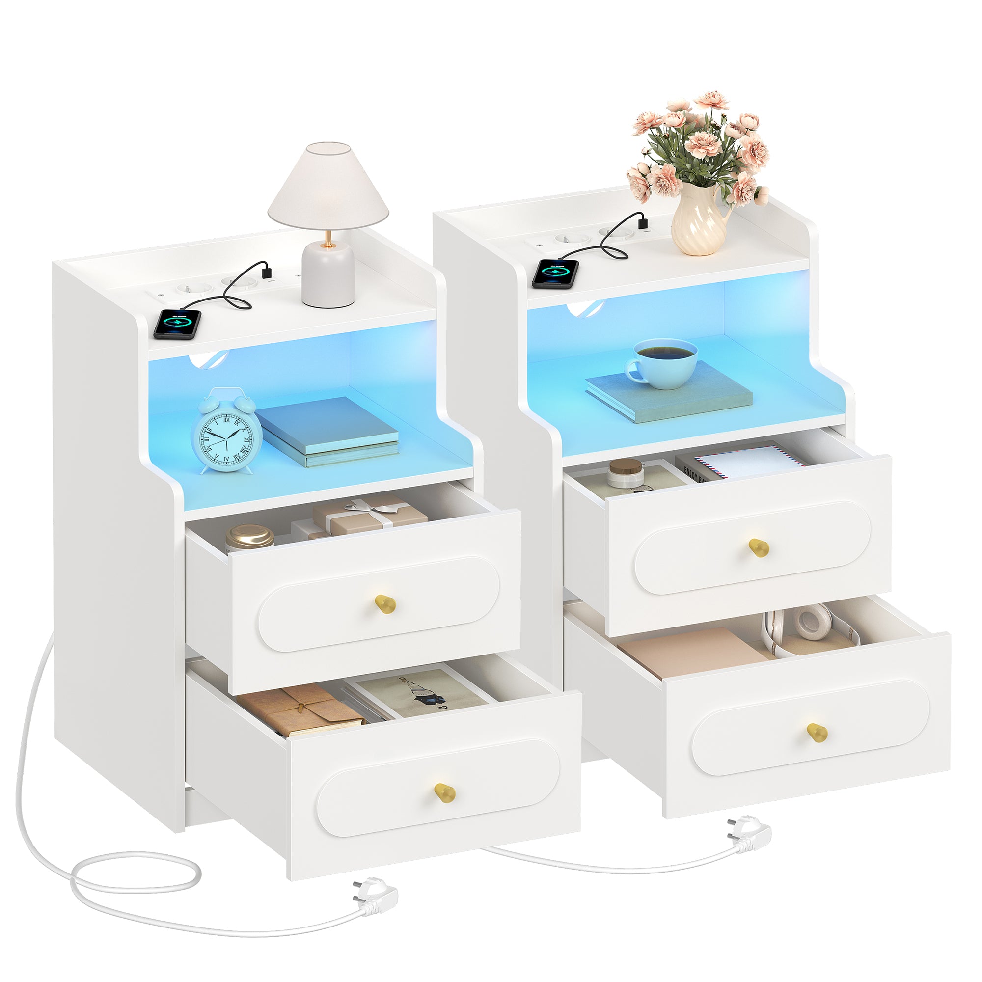 HEXCELEN Nightstand, Set of 2, Side Table with 2 Drawers, Nightstand with Open Compartment, Bedside Table for Bedroom, Wood-Based Nightstand, Sofa Table, for Bedroom Living Room White 421203X