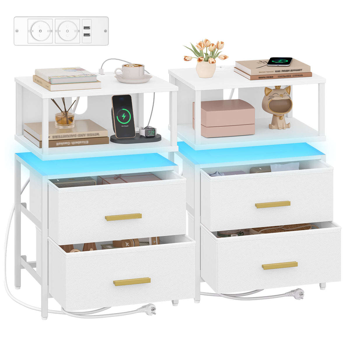 HEXCELEN Nightstand, Set of 2, Side Table, Side Table with 2 Fabric Drawers and Shelves, Bedside Cabinet for Bedroom, for Bedroom, Living Room, Modern, 30.1 x 40.2 x 62.1 cm, White 422203W