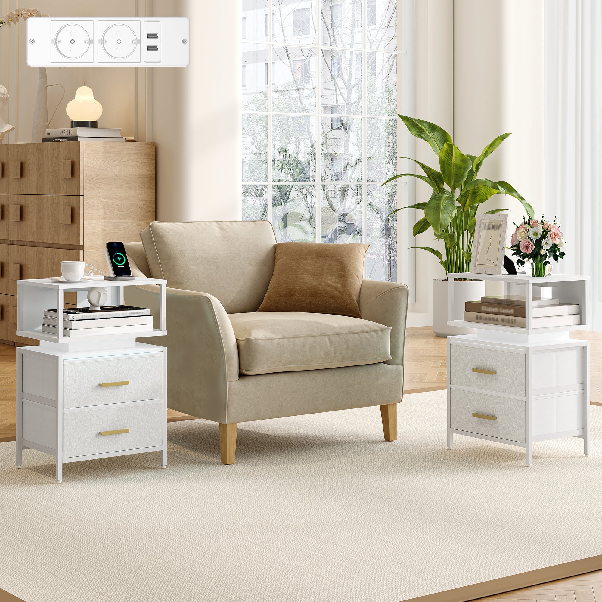 HEXCELEN Nightstand, Set of 2, Side Table, Side Table with 2 Fabric Drawers and Shelves, Bedside Cabinet for Bedroom, for Bedroom, Living Room, Modern, 30.1 x 40.2 x 62.1 cm, White 422203W
