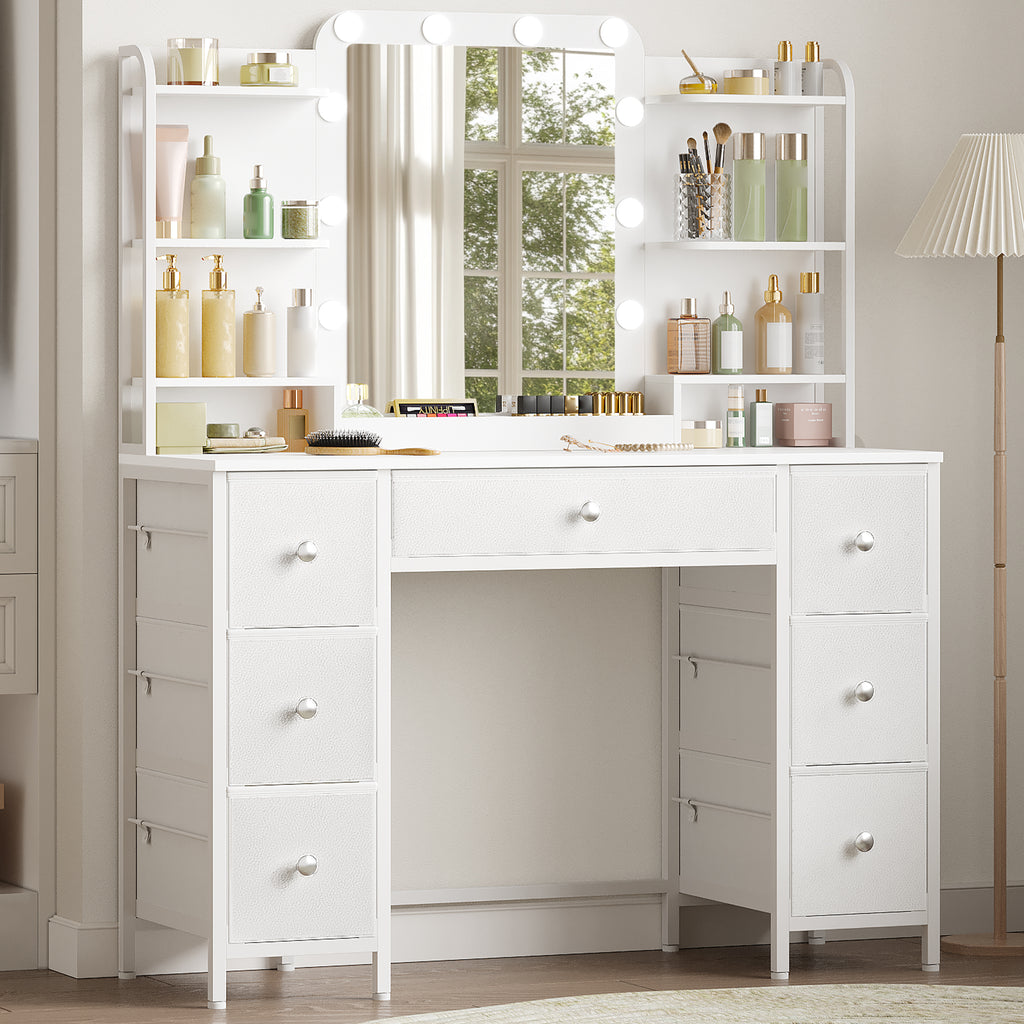 Hzuaneri Vanity Table with LED Lighting, Vanity Table with Large HD Mirror, 7 Drawers and 6 Shelves, Bedroom Vanity Tables, Modern White DT42303X