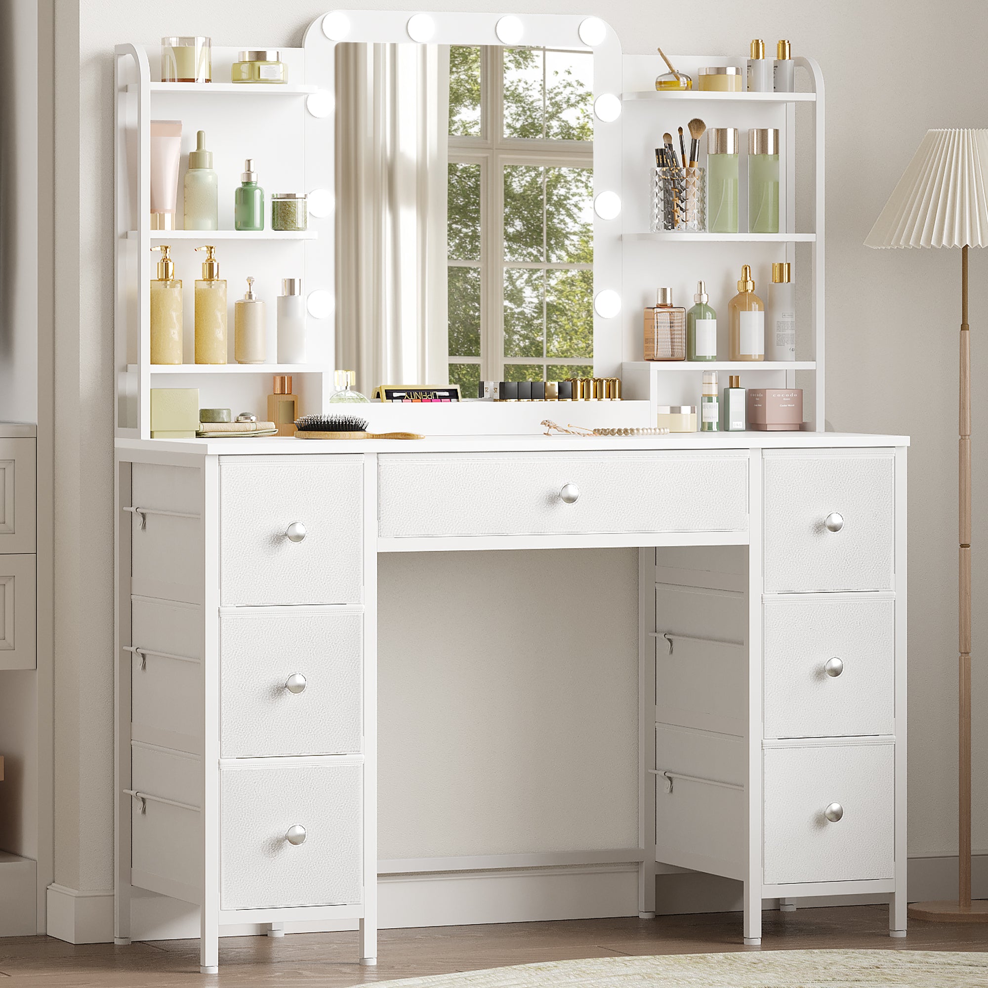 Hzuaneri Vanity Table with LED Lighting, Vanity Table with Large HD Mirror, 7 Drawers and 6 Shelves, Bedroom Vanity Tables, Modern White DT42303X