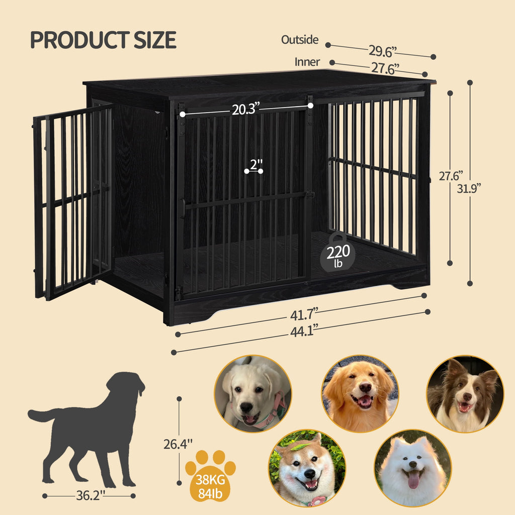 Hzuaneri 44 Inch Dog Crate Furniture, XL Indoor Dog Kennel for Large Dog with Barn Door, Heavy Duty Wooden Dog Cage as TV Stand & End Table, Black