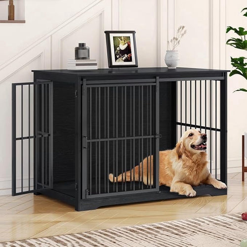 46.9" XXL Wooden Dog Crate,Barn Door Anti-Chew, Indoor End Table Style,Black