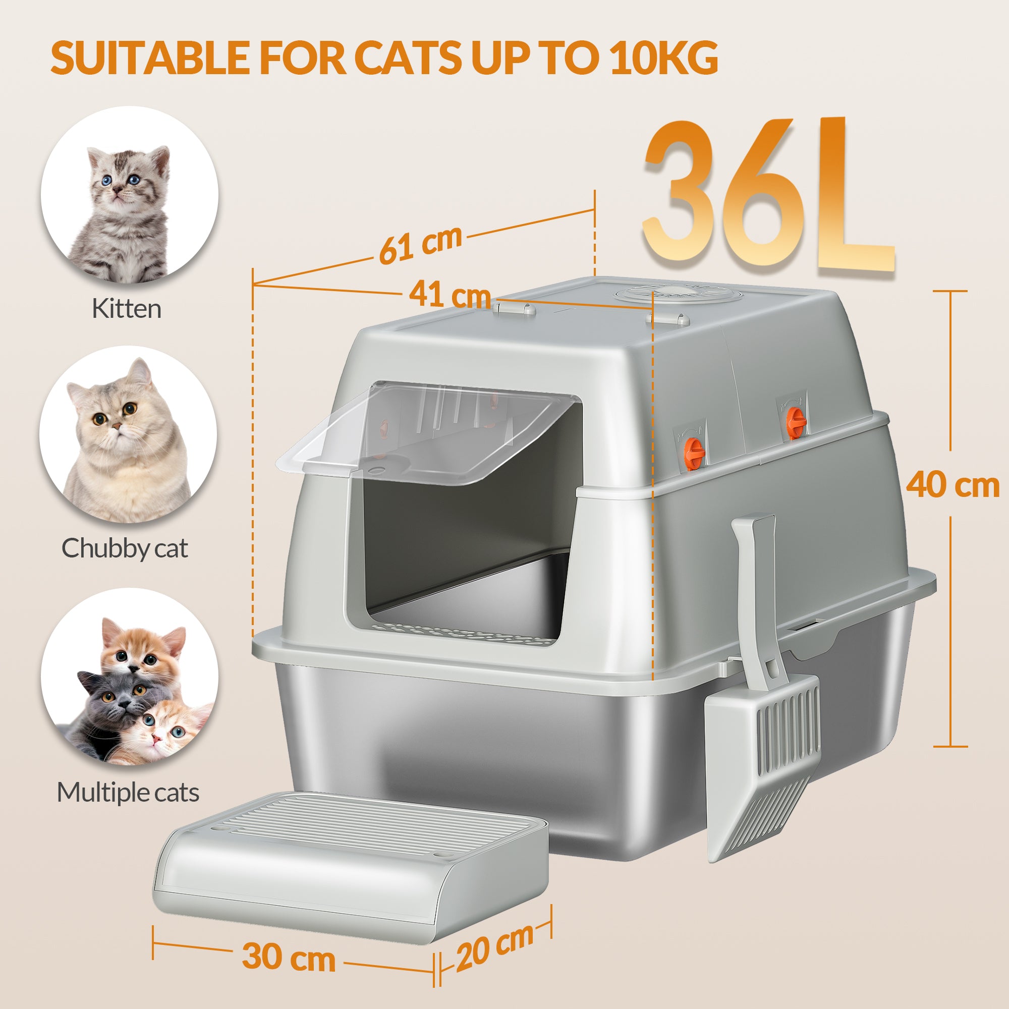 Fobyfurny Stainless Steel Cat Litter Tray with Lid, Closed Cat Litter Tray, 180° Hinged Lid, Includes Pedal and Scoop, Easy to Clean, Modular Design, 61 L x 41 W x 40 H cm, Light Grey,FPLB203SG1