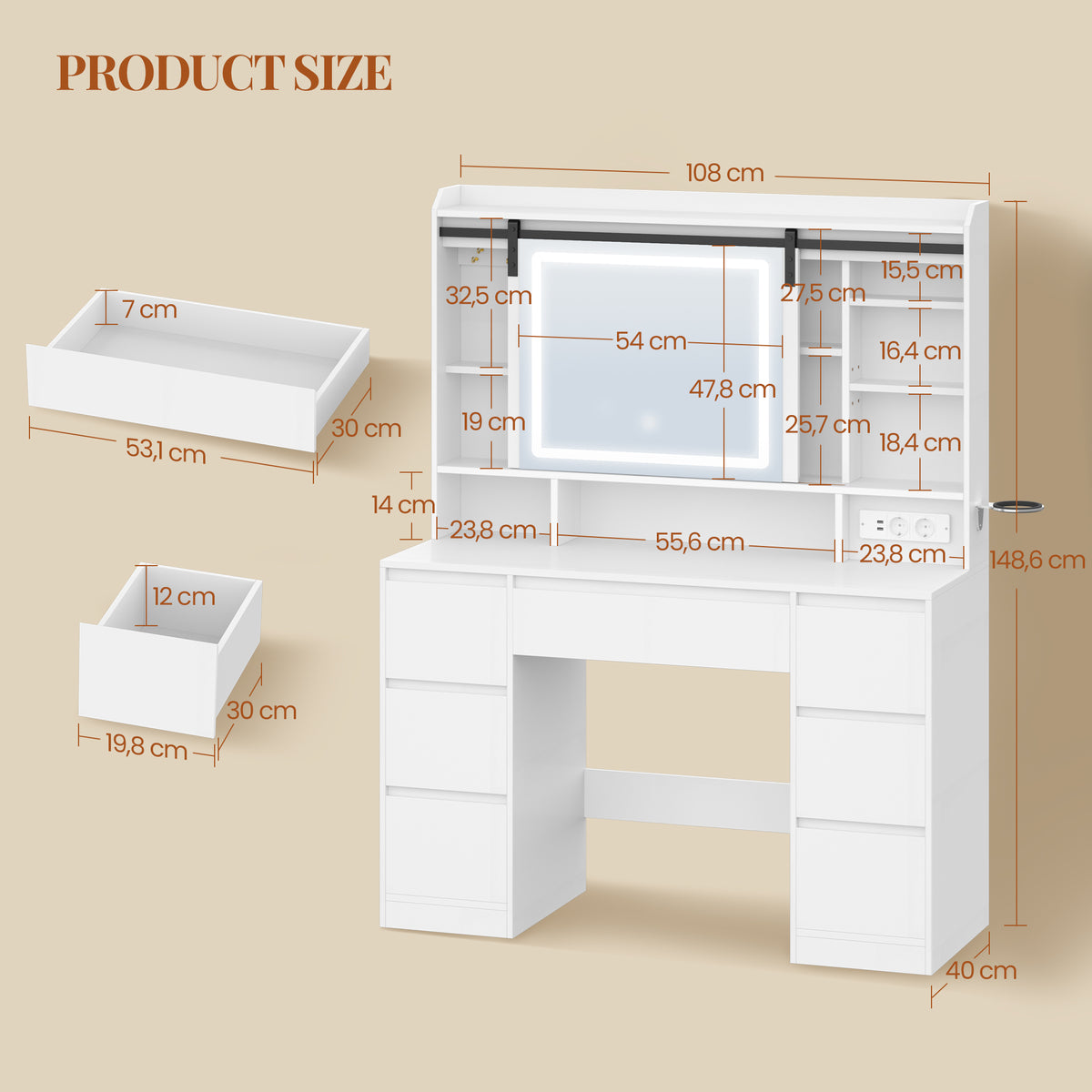HEXCELEN Dressing Table with Removable Mirror, Vanity Table, 7 Drawers, Open Shelves, for Bedroom 40 × 108 × 148.6 cm, White,108603X
