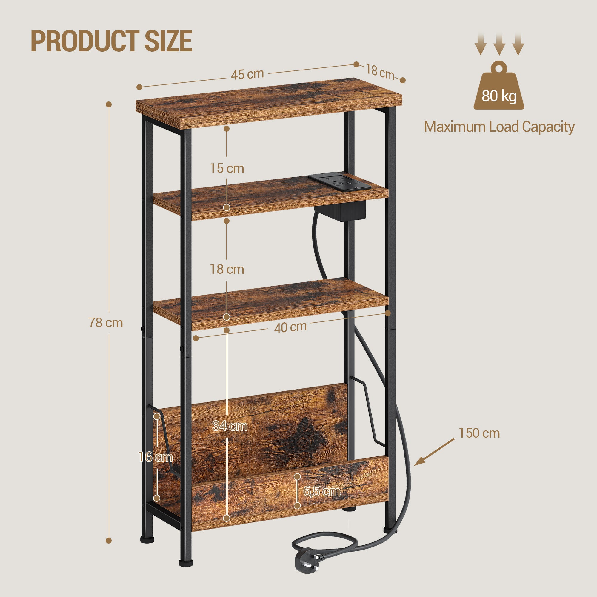 Hzuaneri Slim Side Table, 4-Tier End Table with Magazine Rack and Charging Outlet, Suitable for Living Rooms, Bedrooms and Offices, Rustic Brown ET40001B