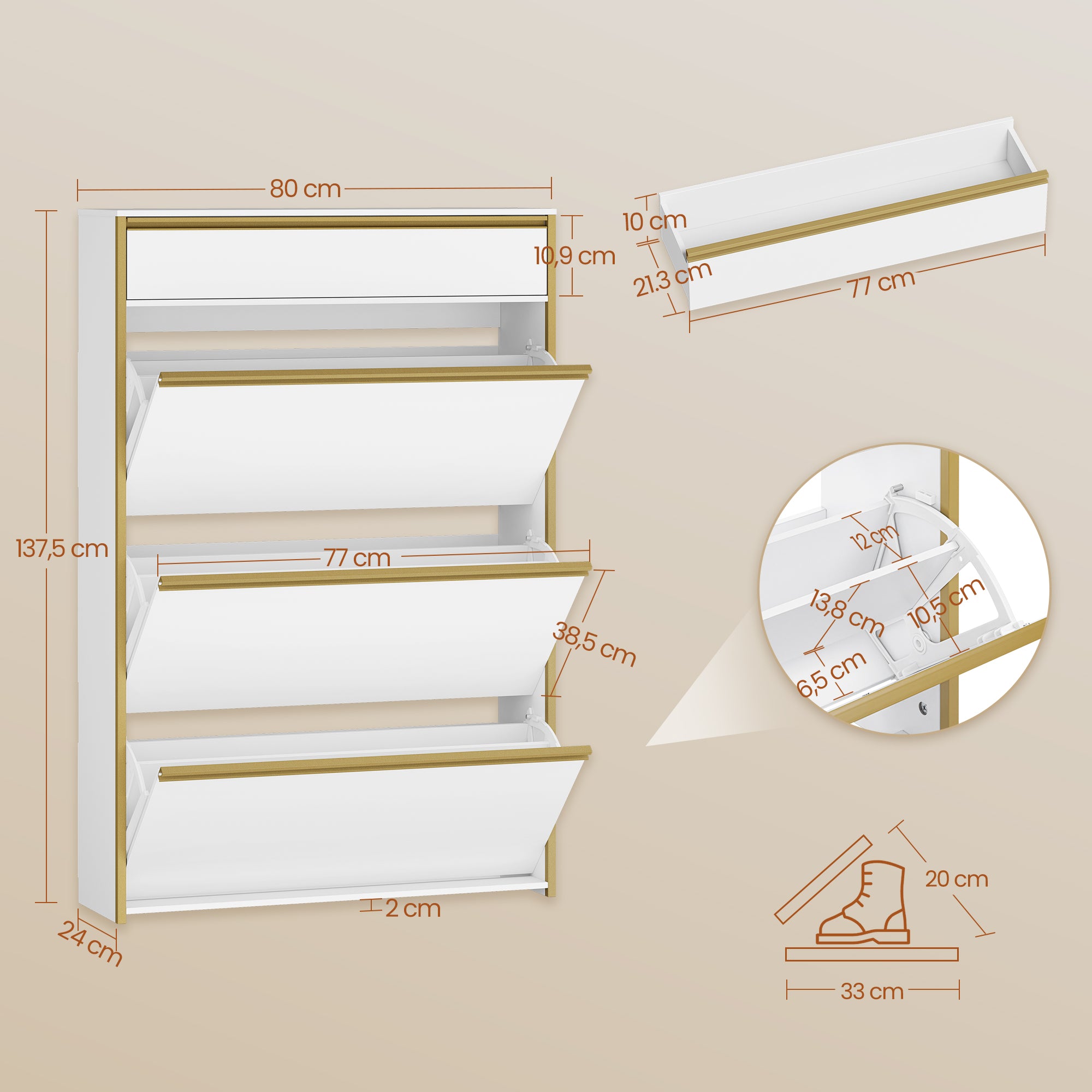 HEXCELEN Narrow Shoe Cabinet with 3 Hinged Doors, Shoe Cabinet, Shoe Rack with Drawer, Narrow Shoe Chest with 6 Shelves, Adjustable, for Hallway, Entrance, 80 x 24 x 137.5 cm, White gold,780103X