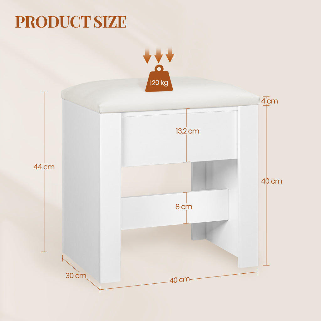 HEXCELEN Vanity Stool, Padded Seating Stool, Makeup Stool with Non-Slip Foot Pads, Suitable for Dressing Room, Bedroom, Entrance Area, 30 x 40 x 44 cm, White，004103X