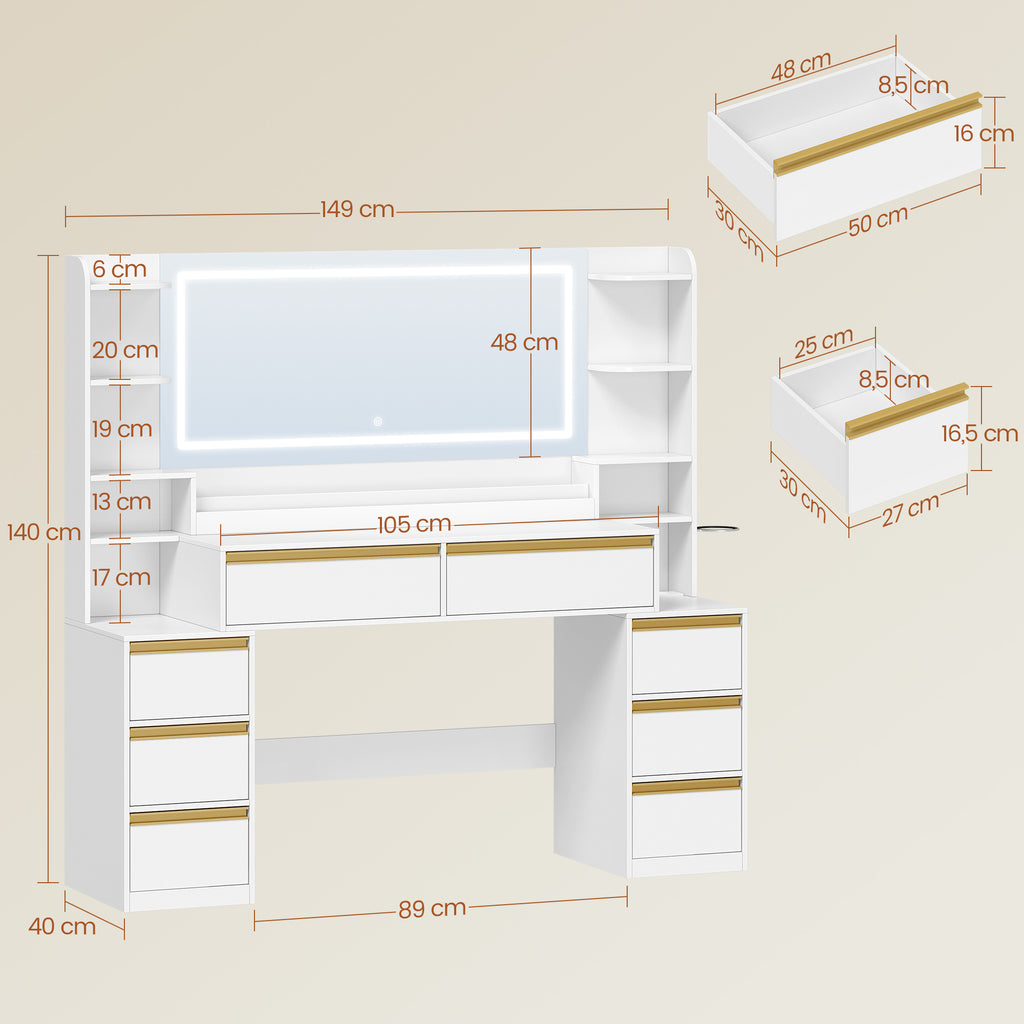 HEXCELEN Dressing Table with Large Mirror, Vanity Table and Hair Dryer Holder, 8 Drawers, Open Compartments, 40 x 149 x 140 cm, Modern White and Gold Dressing Table,1150103X