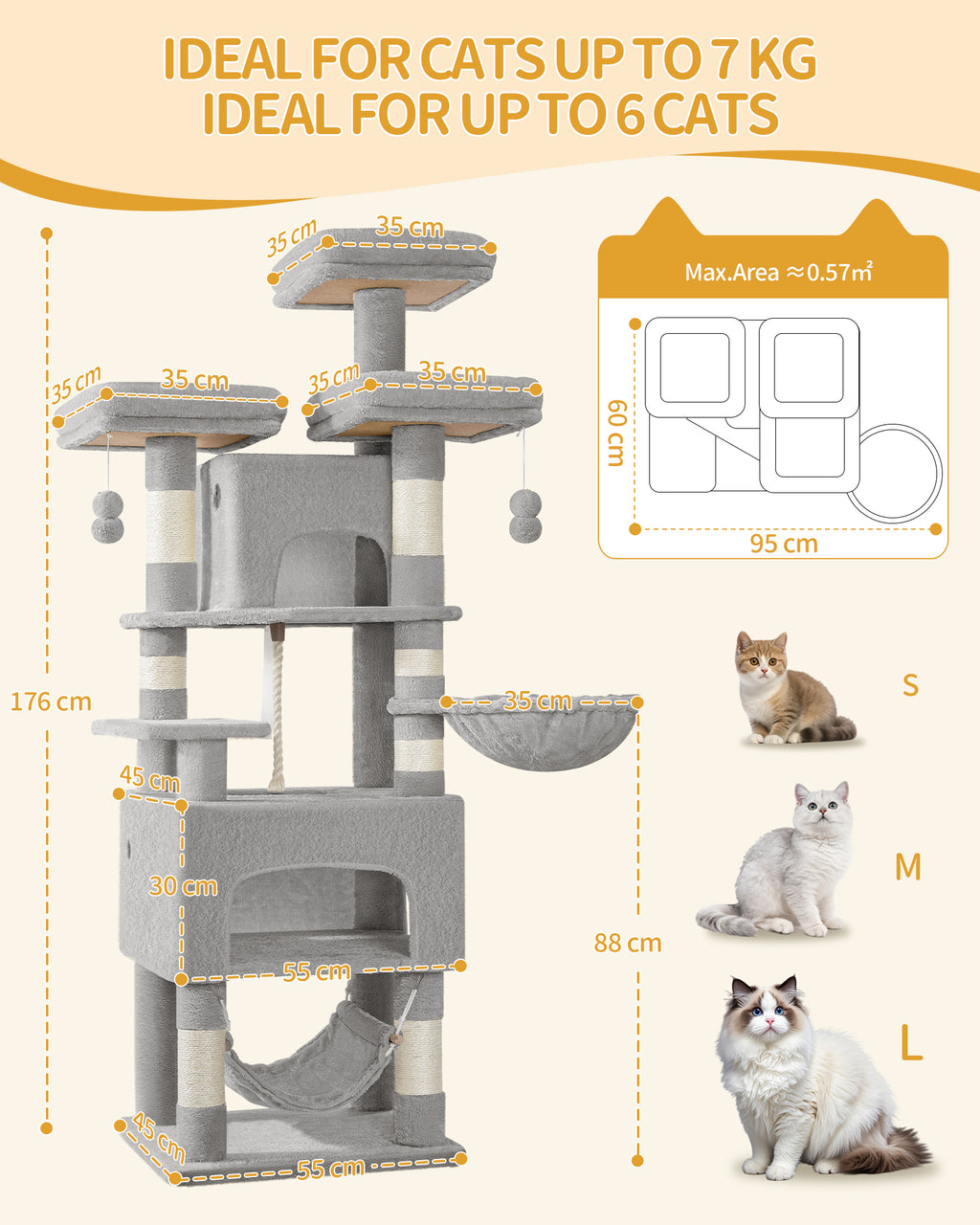 HEXCELEN Cat Tree, 176cm Cat Tree, XL, 3 Platforms, 2 Caves, 7 Scratching Posts, Light Grey