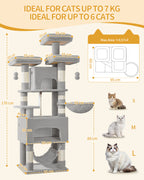 HEXCELEN Cat Tree, 176cm Cat Tree, XL, 3 Platforms, 2 Caves, 7 Scratching Posts, Light Grey