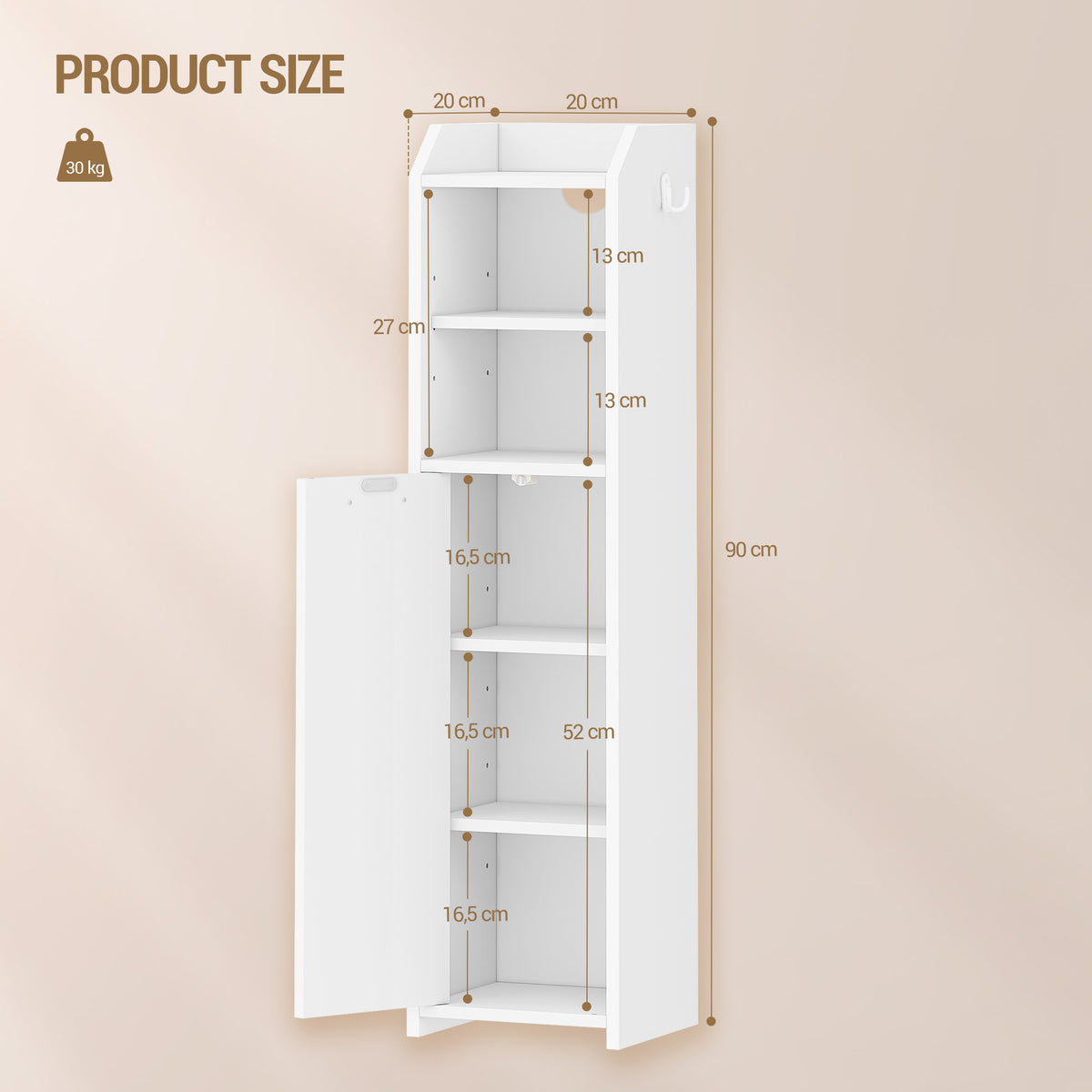 Hzuaneri Bathroom Cabinet, Narrow Bathroom Cabinet, Toilet Cabinet, Narrow Bathroom Shelf, Adjustable Shelves, Easy Assembly, 20 x 20 x 90 cm White BC22903X