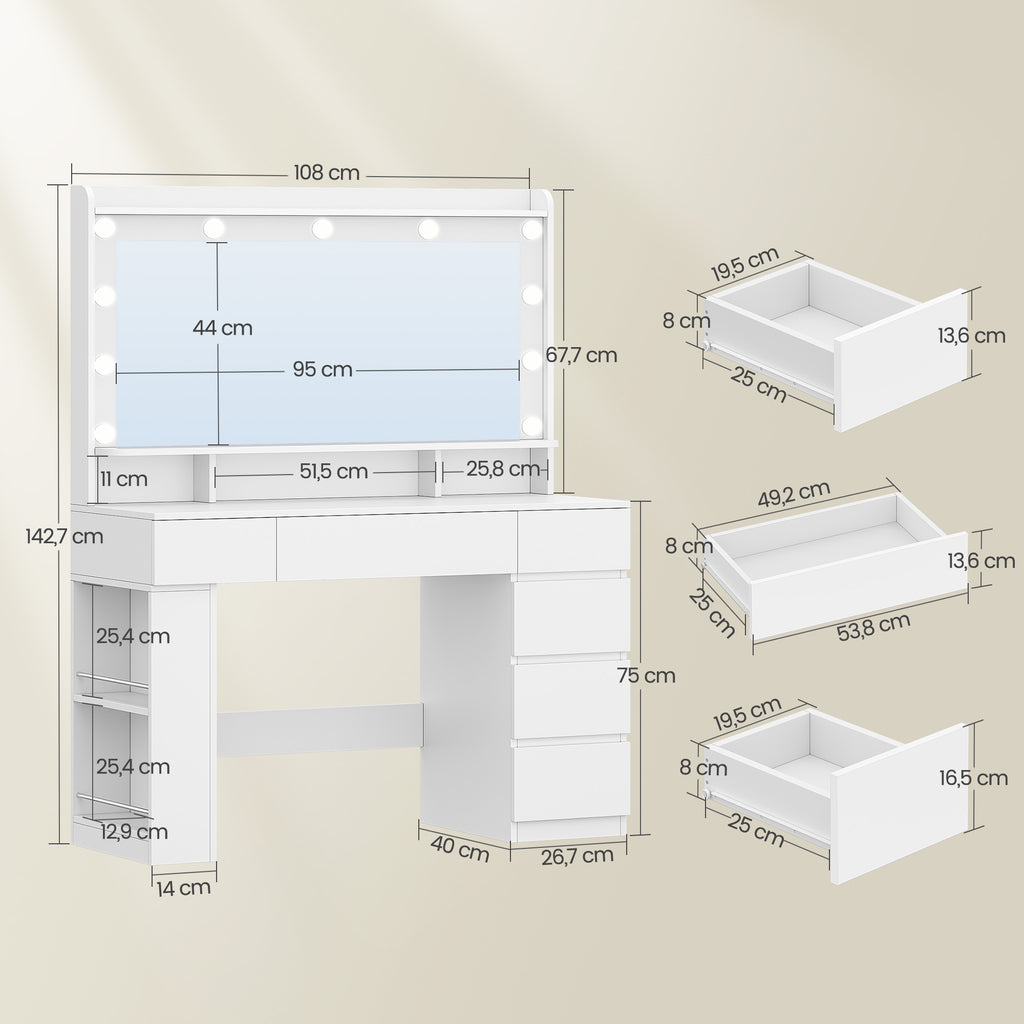 HEXCELEN 108 cm dressing table with large mirror, vanity table with 6 drawers and open side storage compartments, white,108703X