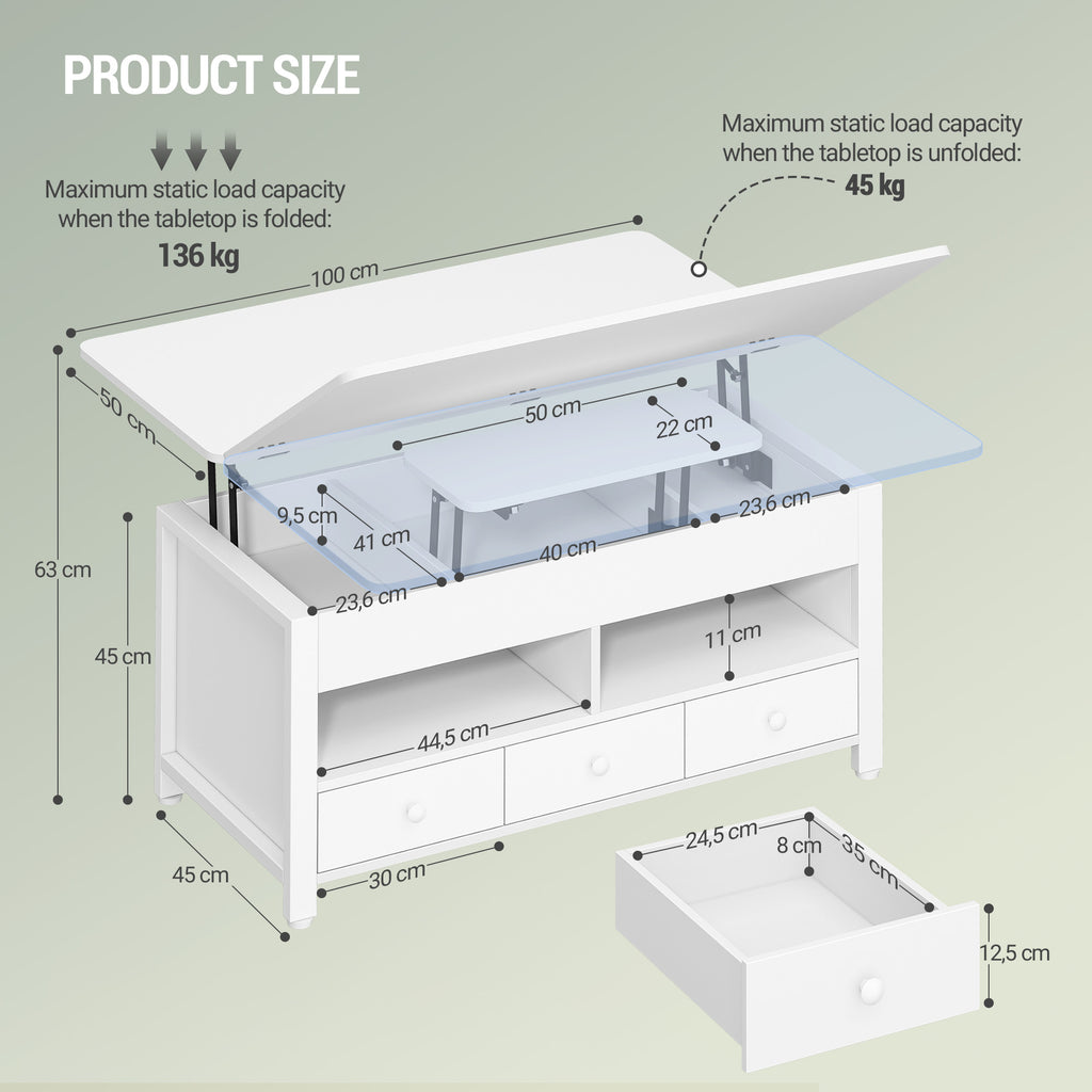 Hzuaneri Coffee Table, Height-Adjustable Living Room Table with 3 Drawers and 2 Compartments, 50 × 100 × 47 cm, Convertible Coffee Table with Drawer into Dining Table, for Living Room, Home Office, White CT22203W