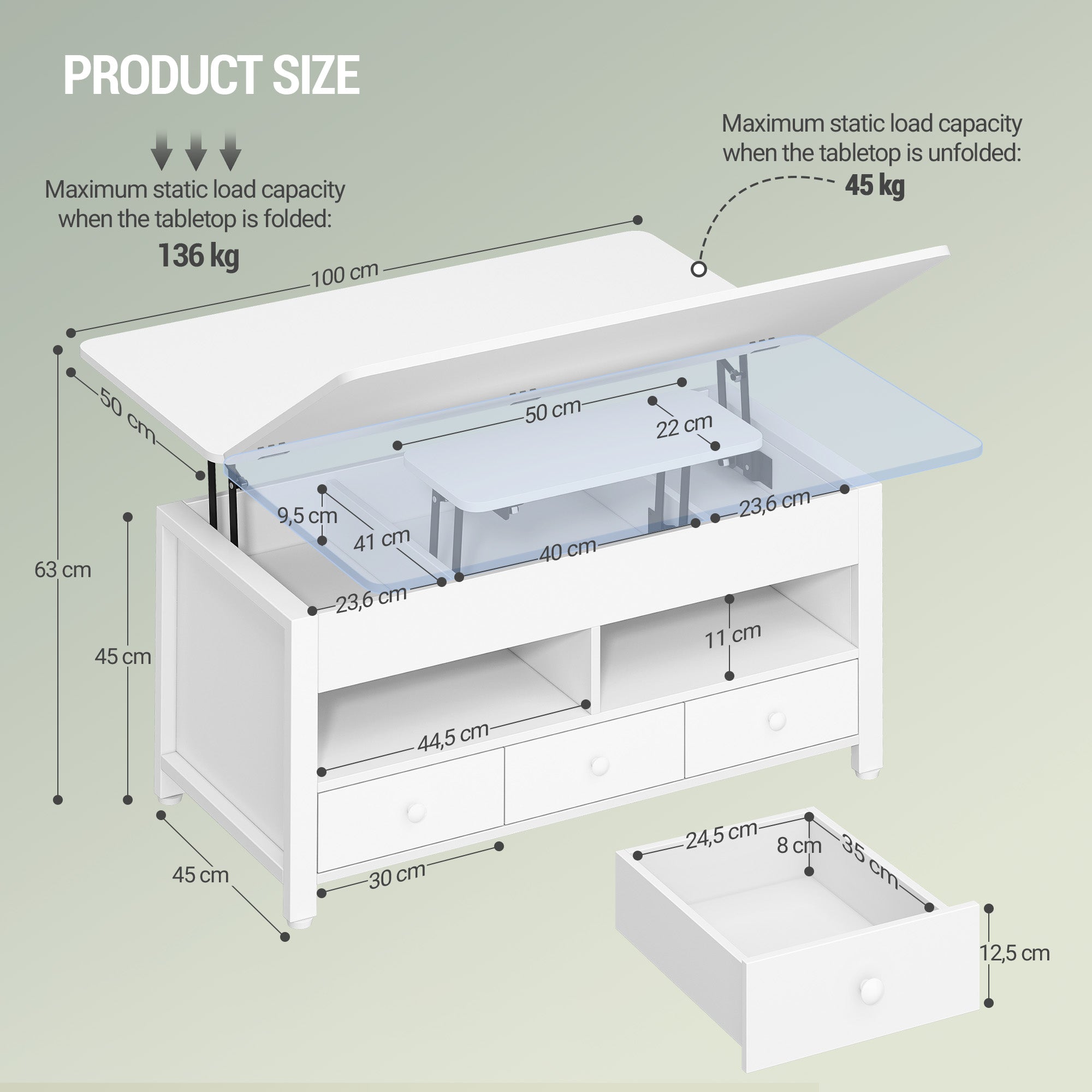 Hzuaneri Coffee Table, Height-Adjustable Living Room Table with 3 Drawers and 2 Compartments, 50 × 100 × 47 cm, Convertible Coffee Table with Drawer into Dining Table, for Living Room, Home Office, White CT22203W