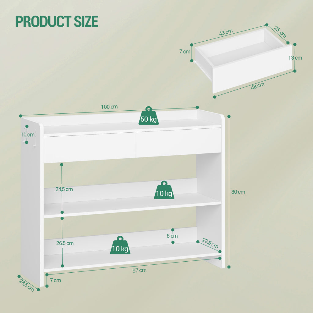 Hzuaneri Console Table with Drawers, Hallway Table with 2-Tier Shelves, Side Table with Table Top Rails, Two Hooks on Each Side, for Hallway, Living Room, 100 × 30 × 80 cm, White CT01603X