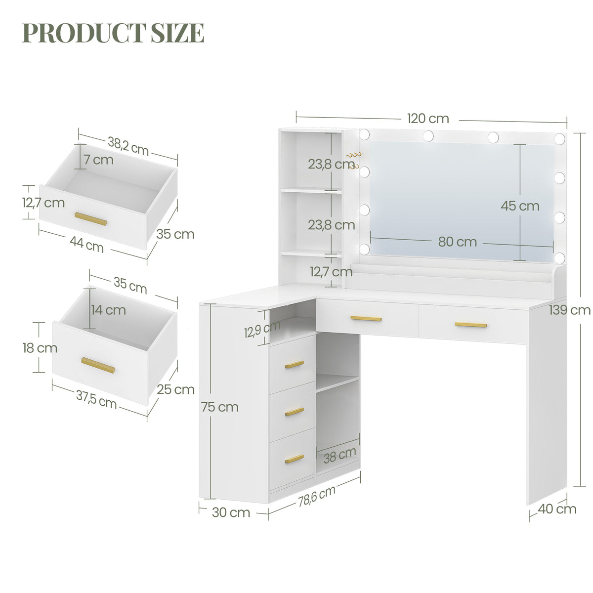 HEXCELEN Dressing Table with Large Mirror, Corner Vanity Table with 5 Drawers, Multiple Open Storage Compartments, 40 x 120 x 139 cm, White,120103X