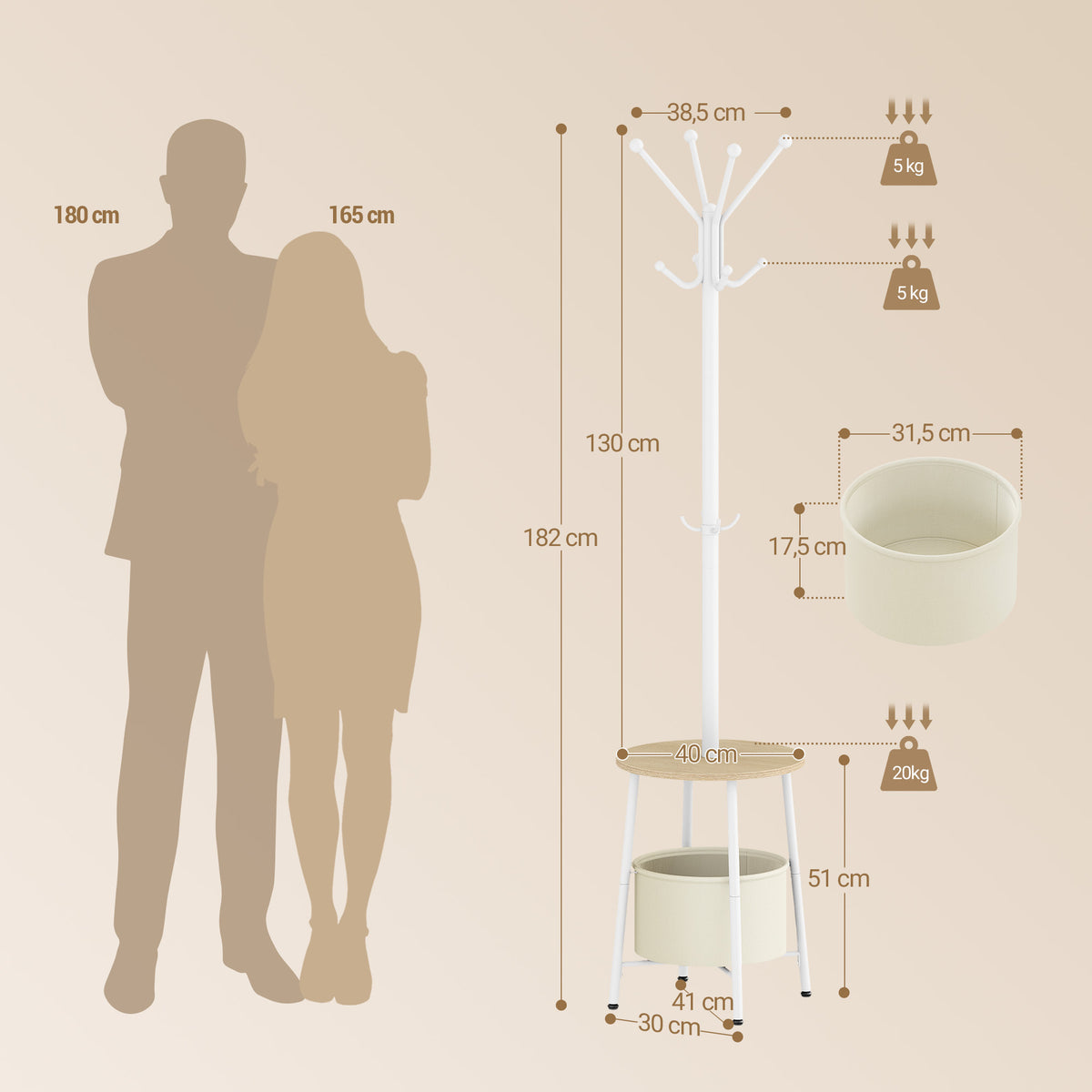 Hzuaneri Coat Rack, Freestanding Coat Rack with Large Storage Basket, 12 Hooks and 1 Shelf for Scarves and Bags, 182 cm, White CR62602W