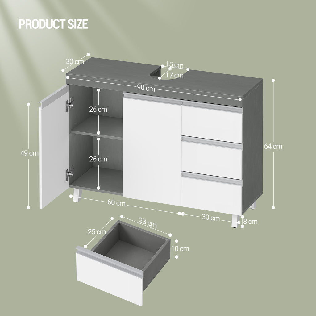 Hzuaneri vanity unit, bathroom cabinet, with 3 drawers, 2 doors, 2 compartments behind doors, freestanding vanity unit, 30 x 90 x 64 cm, cloud white-cement grey, BC29929X