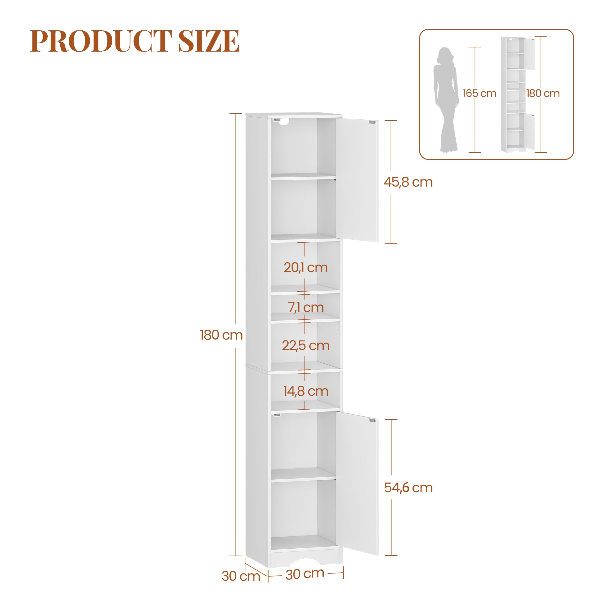 HEXCELEN Bathroom Cabinet, Bathroom Cabinet, Narrow High, Tall Bathroom Cabinet with Open Compartment and Door, Adjustable Shelves, Space-Saving Bathroom Shelf, Bathroom Furniture, Modern, 30 x 30 x 180 cm, White, 530103X