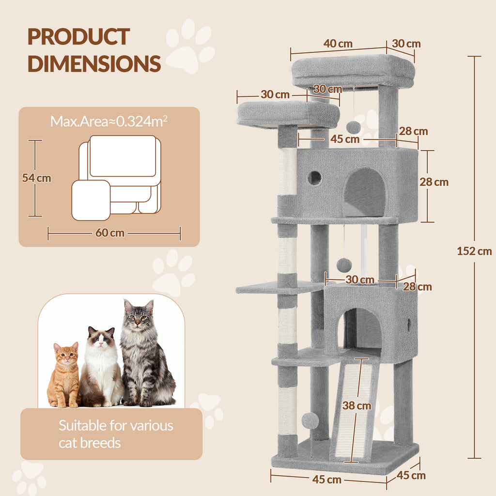 Fobyfurny Cat Tree Large Cat Scratching Post Large Cats Stable with Scratching Posts Scratching Board 2 Comfortable Cat Caves, 2 Top Platforms, Side Rest Platform, Pompoms, Light Grey,FPMS004FG1