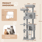 Fobyfurny Cat Tree Large Cat Scratching Post Large Cats Stable with Scratching Posts Scratching Board 2 Comfortable Cat Caves, 2 Top Platforms, Side Rest Platform, Pompoms, Light Grey,FPMS004FG1