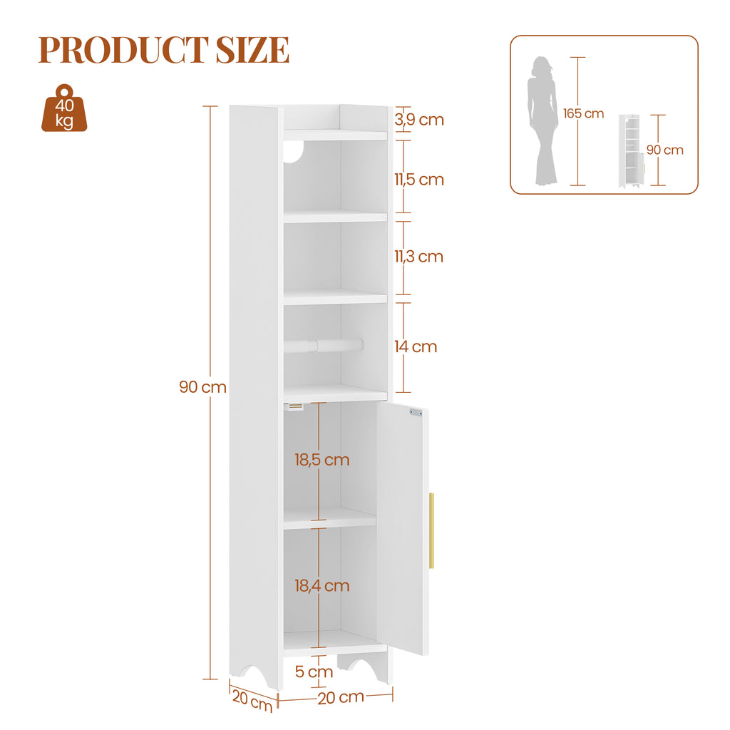 HEXCELEN Bathroom Cabinet, Toilet Roll Holder, 20 × 20 × 90 cm, Toilet Cabinet with Doors, Bathroom Cabinet, Narrow Bathroom Shelf, Adjustable Shelves, Modern, for Bathroom, Living Room, White 509103X