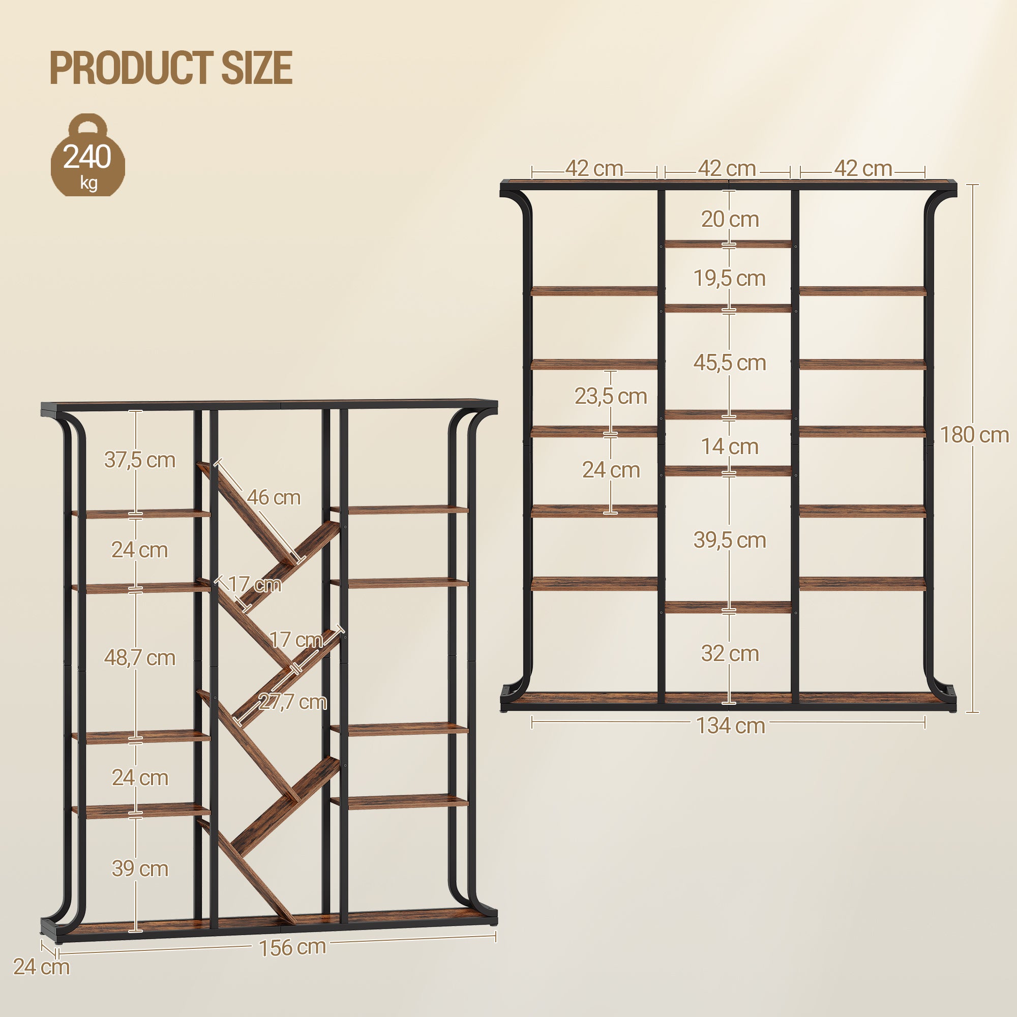 Hzuaneri Bookshelf, 3 Columns, 6 Tier Tree-Shaped Bookcase, 17 Open Independent Shelves, for Home Office, Bedroom, Living Room, 24 x 156 x 180 cm, Vintage Brown-Black BC53201B