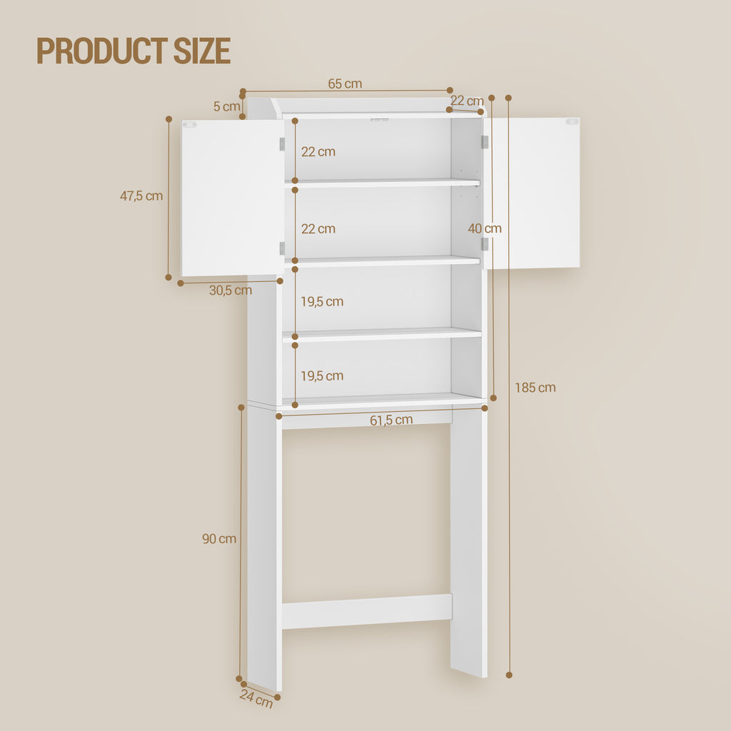 Hzuaneri Washing Machine Cabinet, Washing Machine Shelf with 2 Doors, Toilet Shelf, Adjustable Shelves, Bathroom Shelf Over Washing Machine/Toilet, 24 x 65 x 185 cm, White, LR65003X