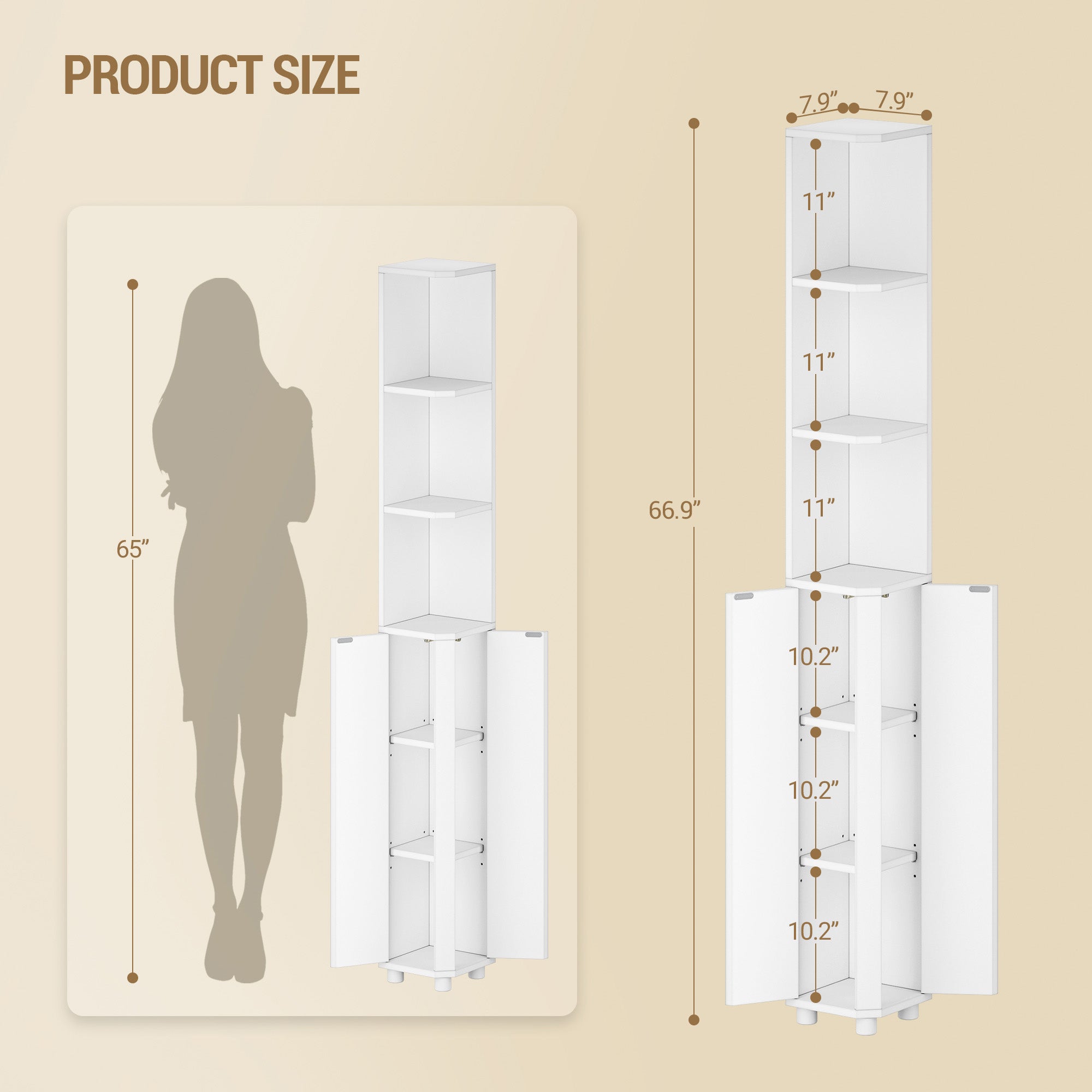 Hzuaneri Tall Bathroom Cabinet, Corner Bathroom Cupboard with 3 Open Shelves and 2 Door, Freestanding White Wooden Corner Shelf Unit for Small Spaces, 20 x 20 x 170 cm, White, BC30003X