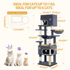 Hzuaneri 178 cm Cat Tree for Indoor Cats, Multi-layer Scratching Post with Large Platform, 2 Caves, 7 Sisal Posts, Pompoms, Cat Basket, Hammock, Suitable for Cats, Dark Grey MS17818SG