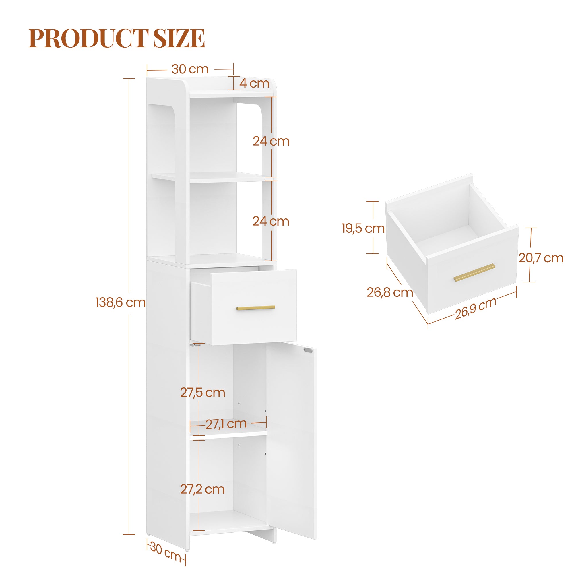 HEXCELEN Bathroom Cabinet, Bathroom Furniture with One Door and One Drawer, 30 × 30 × 138.6 cm, Bathroom Cabinet with Adjustable Shelves, Open Compartment, for Small Spaces, Modern, White 514103X