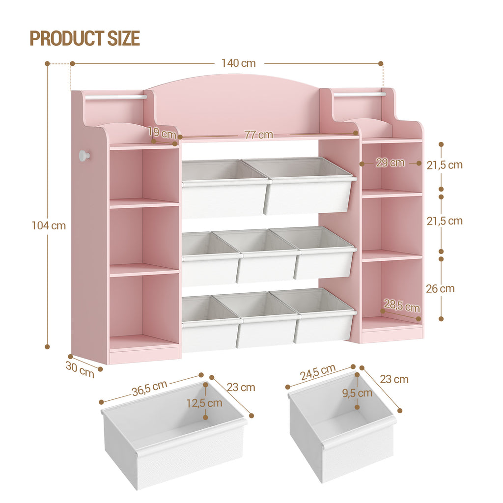 Hzuaneri Children's Shelf, Wooden Bookshelf for Kids, Toy Shelf with 8 Fabric Drawers for Children's Room, Living Room, Study, Pink, 30 x 140 x 104 cm, KB43030W
