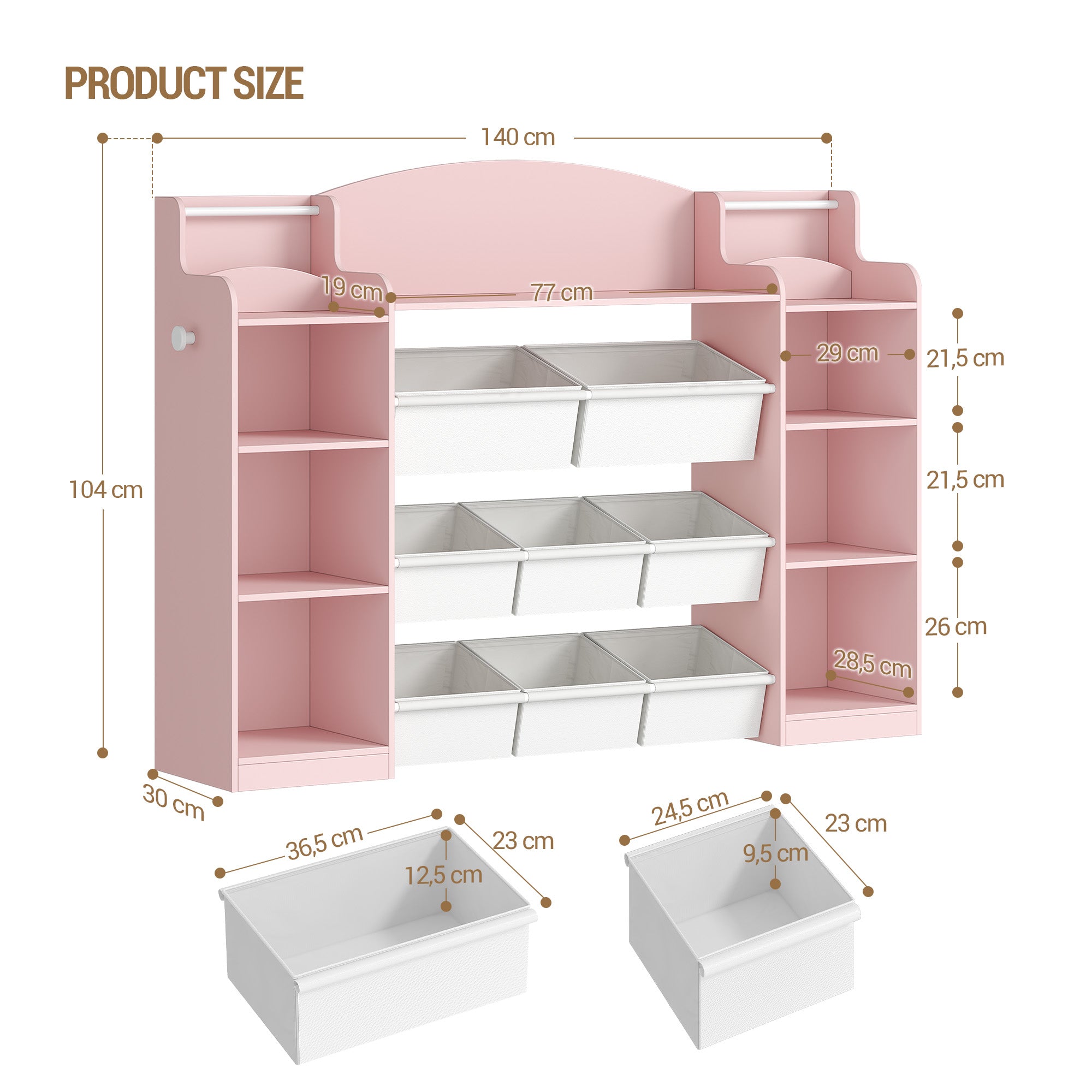 Hzuaneri Children's Shelf, Wooden Bookshelf for Kids, Toy Shelf with 8 Fabric Drawers for Children's Room, Living Room, Study, Pink, 30 x 140 x 104 cm, KB43030W