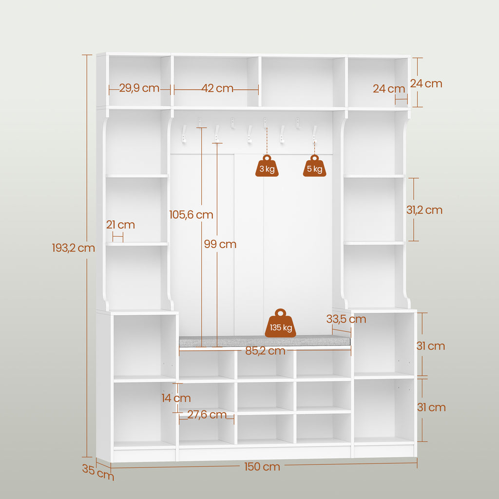 HEXCELEN Coat Rack with Shoe Bench, 35 x 150 x 193.2 cm, with 23 Open Compartments and 9 Hooks, Adjustable Shelves, for Hallways, Entrances, Living Rooms, White 7215003X