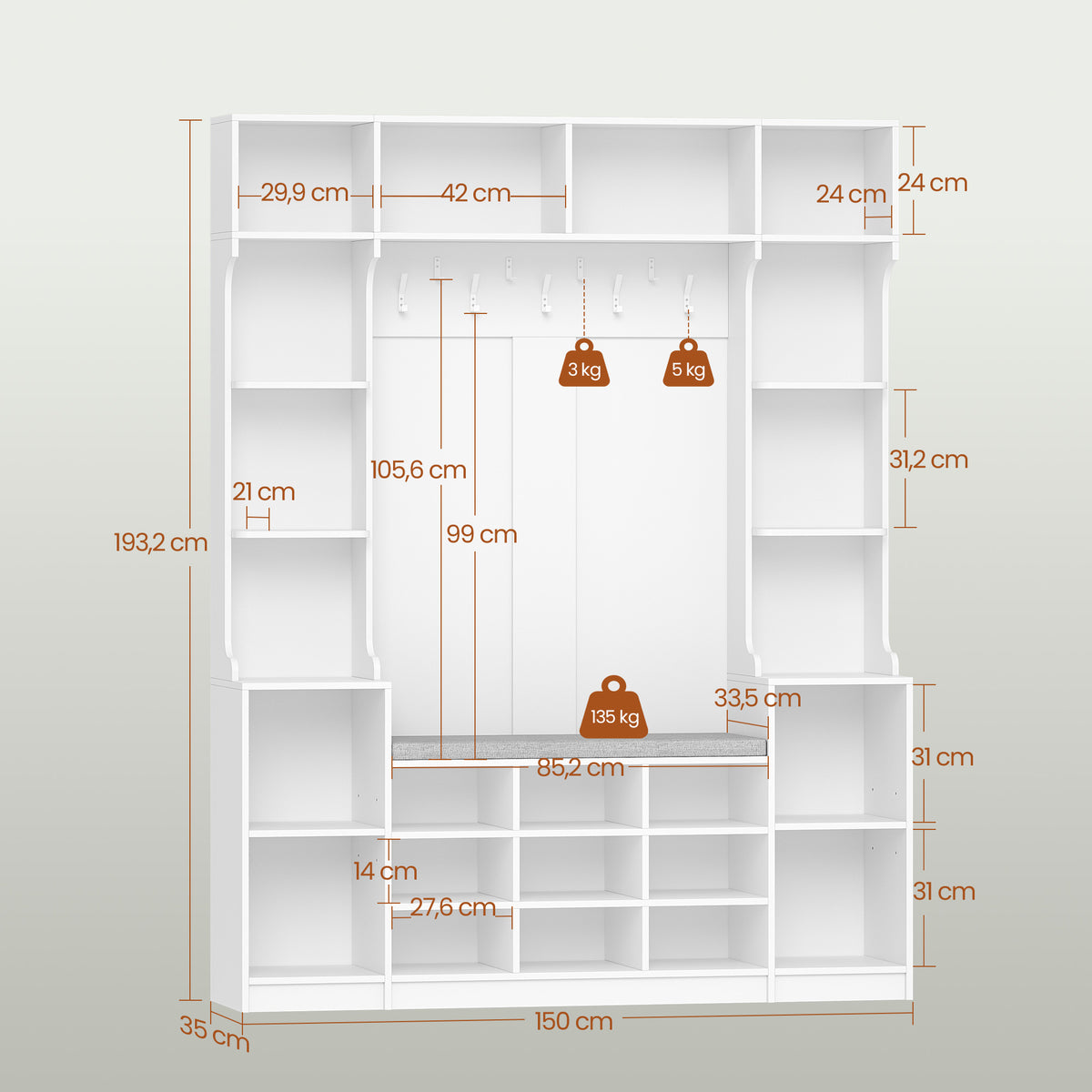 HEXCELEN Coat Rack with Shoe Bench, 35 x 150 x 193.2 cm, with 23 Open Compartments and 9 Hooks, Adjustable Shelves, for Hallways, Entrances, Living Rooms, White 7215003X