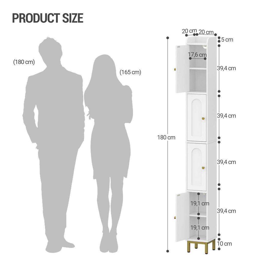Hzuaneri Bathroom Cabinet, Tall Bathroom Cabinet with 4 Doors, Slim Bathroom Cabinet, Narrow Tall Bathroom Cabinet, Adjustable Shelves, Living Room, Kitchen, Bedroom, 20 x 20 x 180 cm, White BC42213G