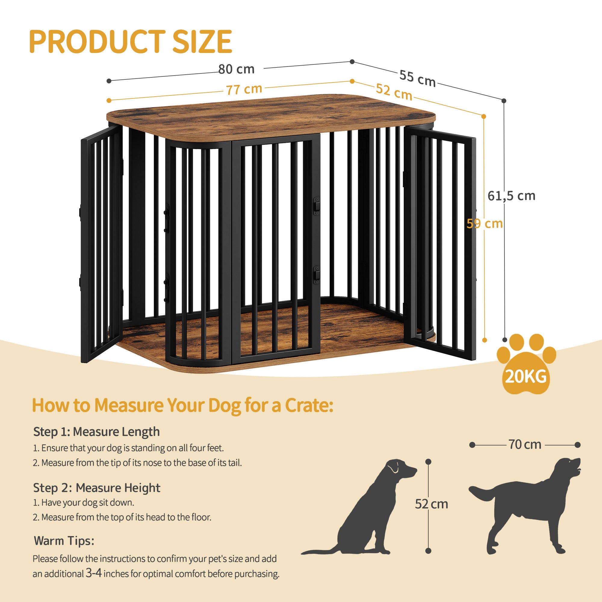 Hzuaneri Dog Crate Furniture, 80 cm Multi-door Wooden Dog Crate, End Side Table for Small Medium Dogs, Modern Indoor Kennel, Anti-Chew Anti-Escape, 80 × 55 × 61.5cm, Rustic Brown DFC88801B