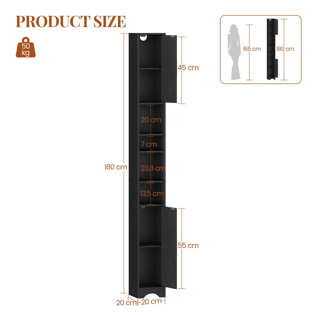 HEXCELEN Narrow Bathroom Cabinet, Tall Bathroom Cabinet with Open Compartment and 2 Doors, Adjustable Shelves, for Bathroom, Living Room, Bedroom, 20 × 20 × 180 cm, Black, 518104X