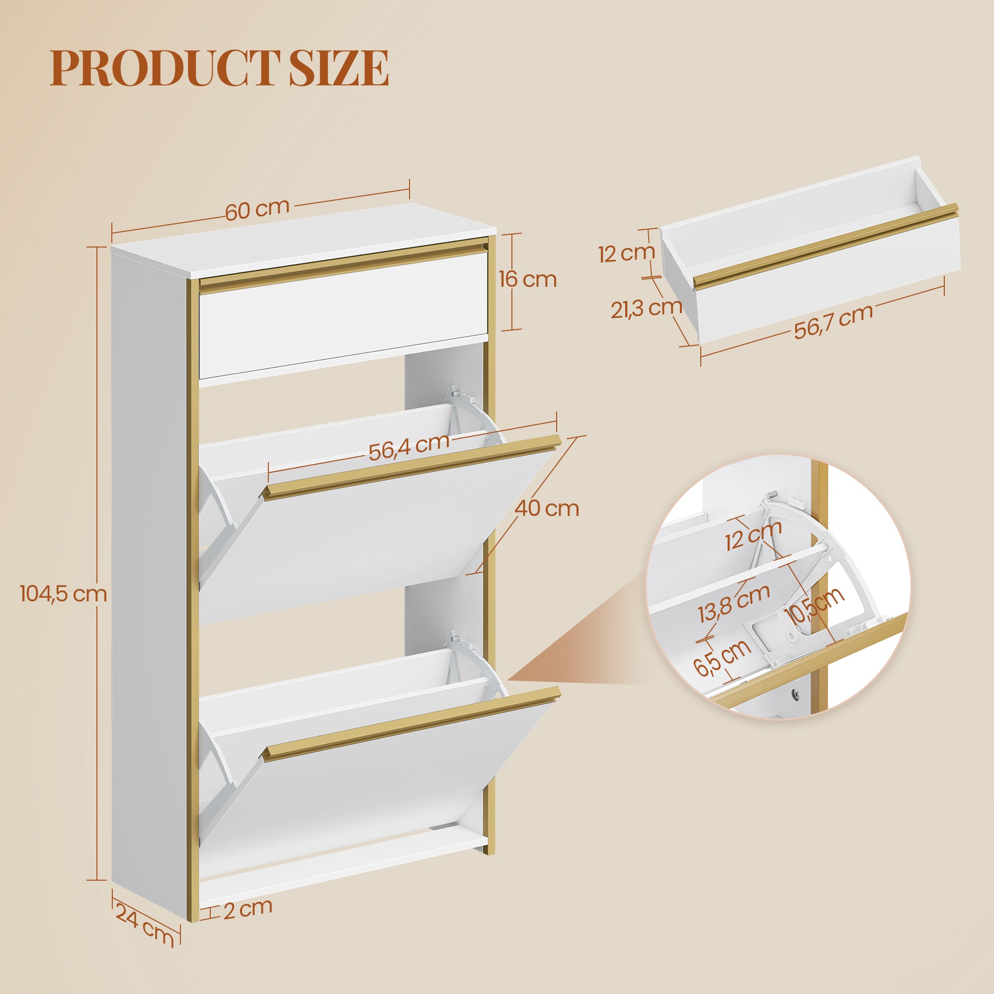 HEXCELEN Narrow Shoe Cabinet with 2 Hinged Doors, Shoe Cabinet, Shoe Rack with Drawer, Narrow Shoe Chest with 4 Shelves, Adjustable, for Hallway, Entrance, 60 x 24 x 104.5 cm, White Gold,760103G