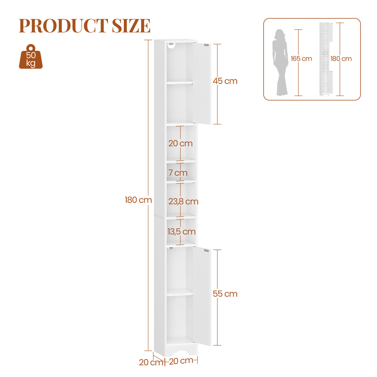 HEXCELEN Bathroom Cabinet, Narrow Tall Bathroom Cabinet, Bathroom Tall Cabinet, Bathroom Cabinet with Open Compartment and Door, Adjustable Shelves, Space-Saving Bathroom Shelf, Bathroom Furniture, 20 x 20 x 180 cm White 518103X