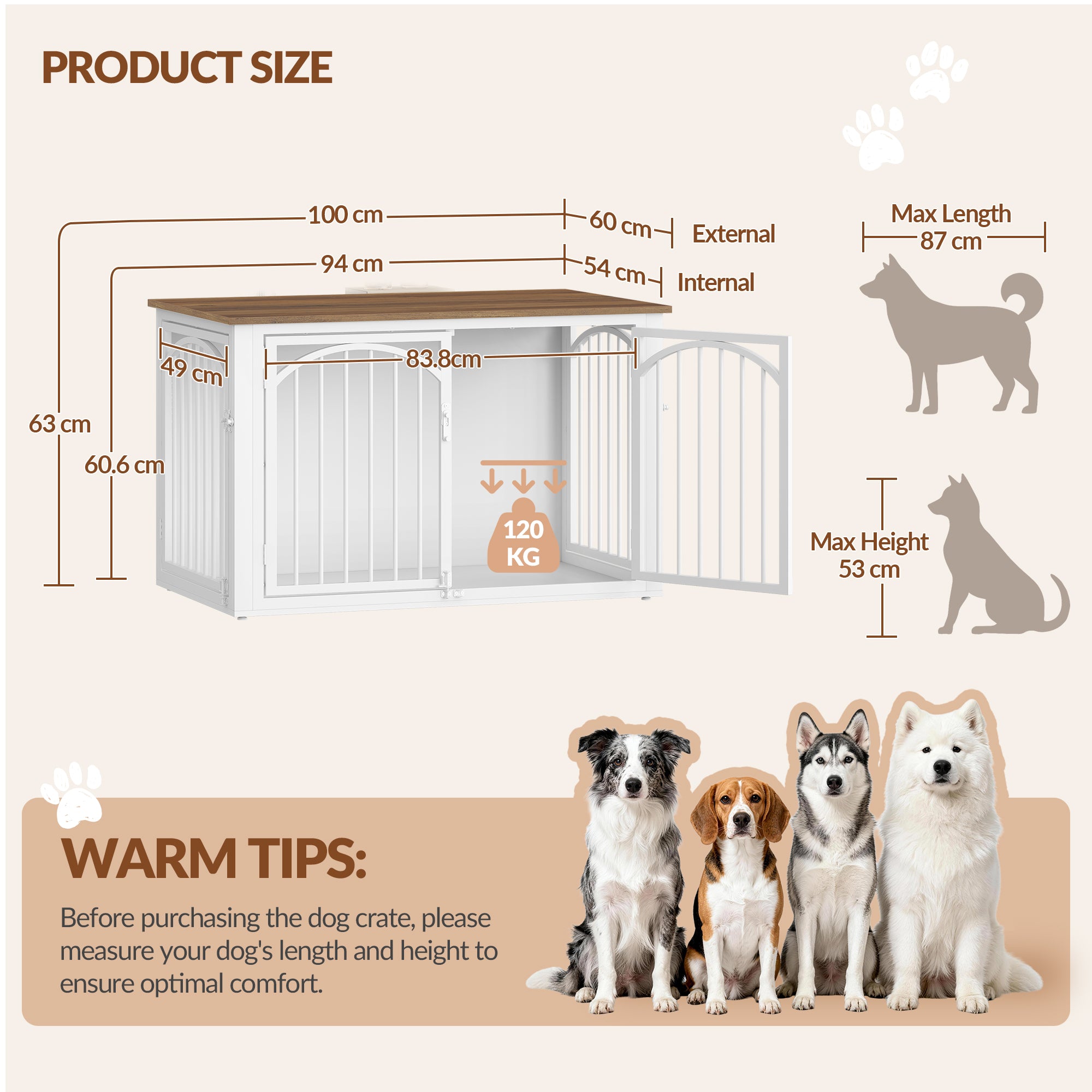 Fobyfurny Dog crate furniture, 100cm dog box for home use with 4 doors, modern wooden dog crate, side table, for medium to large dogs, indoor dog crate, 100 x 60 x 63 cm, brown and white FPDC002FWR1