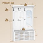 Hzuaneri Coat Rack with Shoe Bench, Wardrobe with Mirror, Shoe Storage, 10 Hooks, Adjustable Shelves, Freestanding, for Entrance Area, Hallway, 35.5 x 100 x 185 cm, White HT23503X