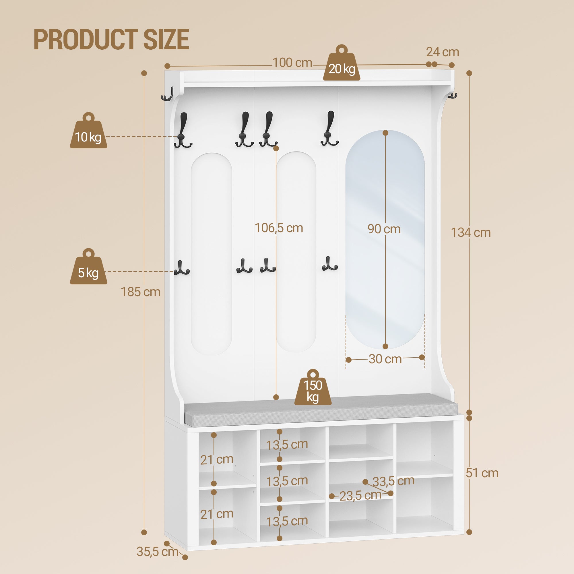 Hzuaneri Coat Rack with Shoe Bench, Wardrobe with Mirror, Shoe Storage, 10 Hooks, Adjustable Shelves, Freestanding, for Entrance Area, Hallway, 35.5 x 100 x 185 cm, White HT23503X