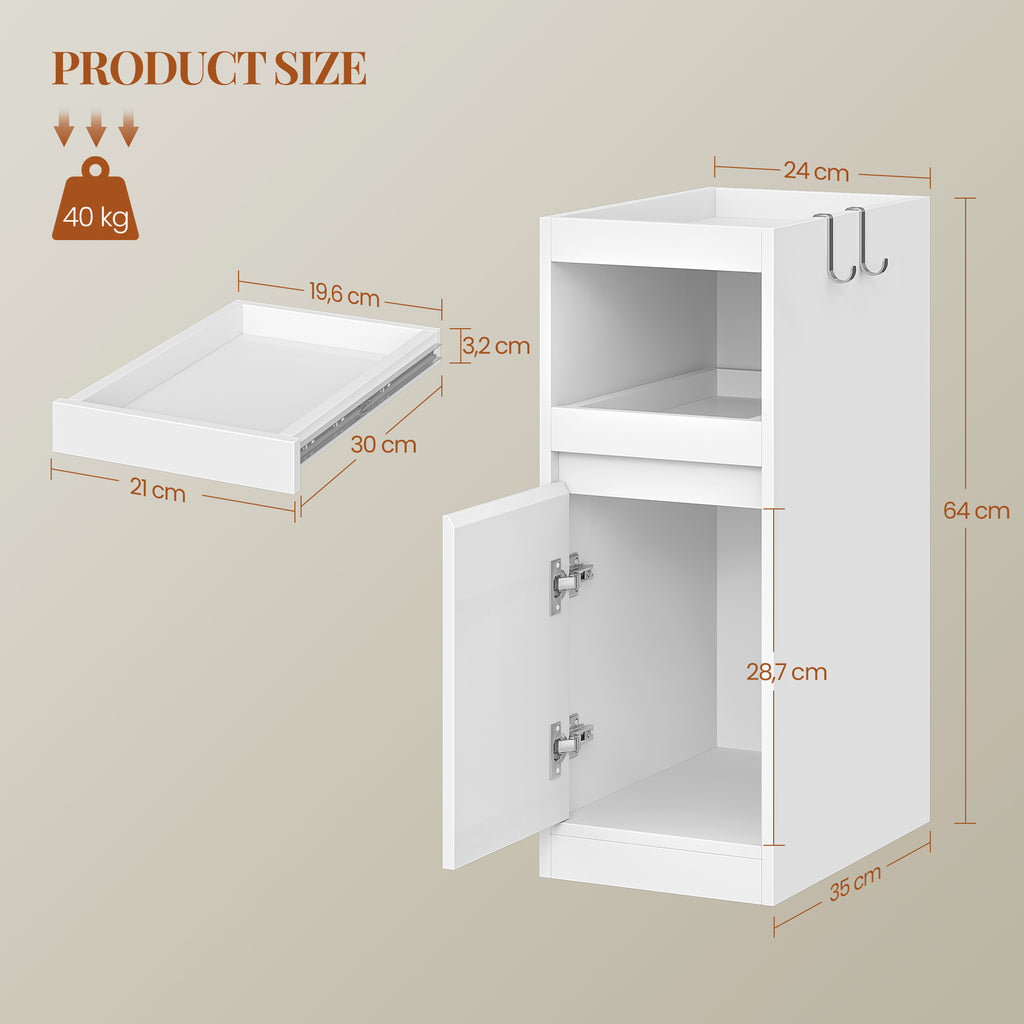 HEXCELEN Narrow Bedside Table, Nightstands with Tray, Side Table with 1 Door, Side Table with 2 Hooks, Space-Saving, for Bedroom, Living Room, Modern Style, White, 35 × 24 × 64 cm,301103X