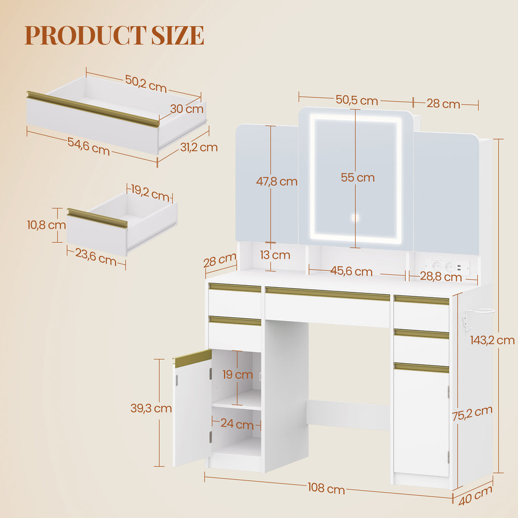 HEXCELEN Dressing Table, Vanity Table with Triple Mirror, Hairdryer Holder, Storage Behind the Mirror, Dressing Table with Drawers, Storage Cabinet, Open Shelves, White,108503X
