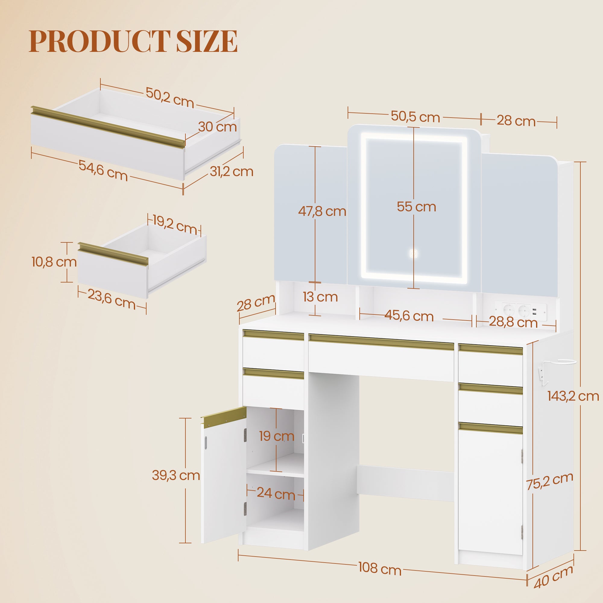 HEXCELEN Dressing Table, Vanity Table with Triple Mirror, Hairdryer Holder, Storage Behind the Mirror, Dressing Table with Drawers, Storage Cabinet, Open Shelves, White,108503X